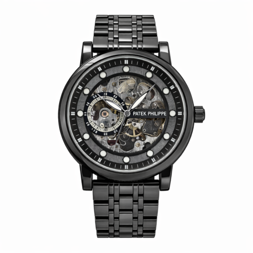 Patek Philippe Black Skeleton Dial Automatic Metal Strap Luxury Watch