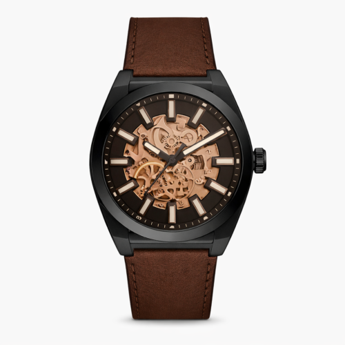 Fossil Brown Skeleton Dial Black Case Leather Strap Watch