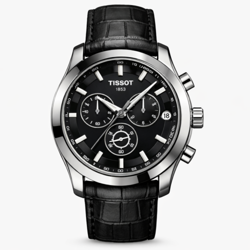 Tissot Stainless Steel Chronograph Black Dial Black Leather Strap Watch